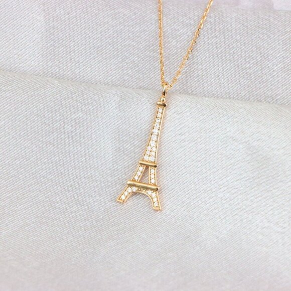 "Rose Gold Eiffel Tower Pendant Necklace with Sparkling Crystals, XPNL1883 - Picture 6 of 13